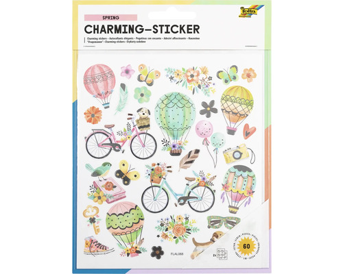 Charming Sticker spring 60 Stück Frühlingsaufkleber mit Fahrrädern, Heißluftballons, Blumen und Tieren