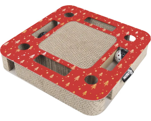 Katzenkratzbrett mit Spielzeugbällen und Weihnachtsbaum Muster