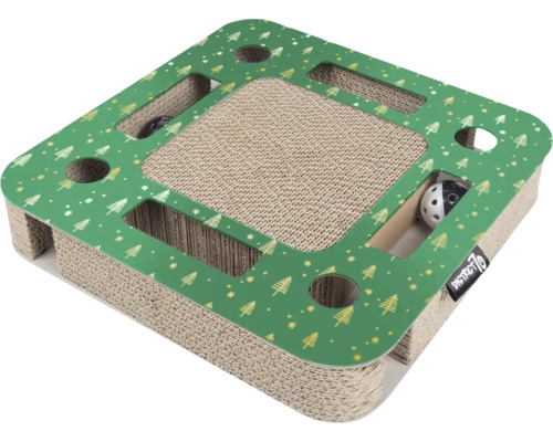 Katzenkratzbrett mit Spielzeug und grüner Tannenbaumdekoration