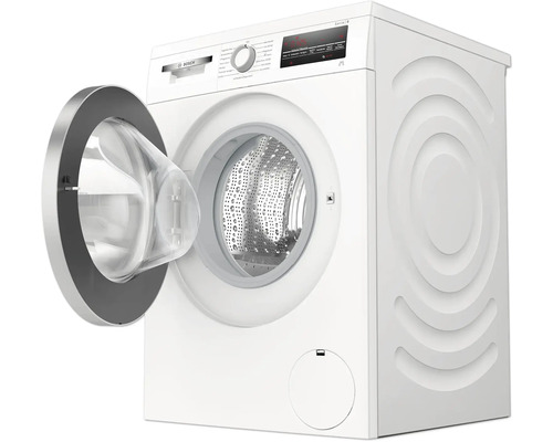 Bosch Waschmaschine mit geöffneter Tür, Trommel und Bedienfeld