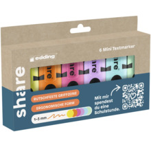 Packung mit sechs Mini Textmarkern der Marke Edding mit rutschfester Griffzone und ergonomischer Form