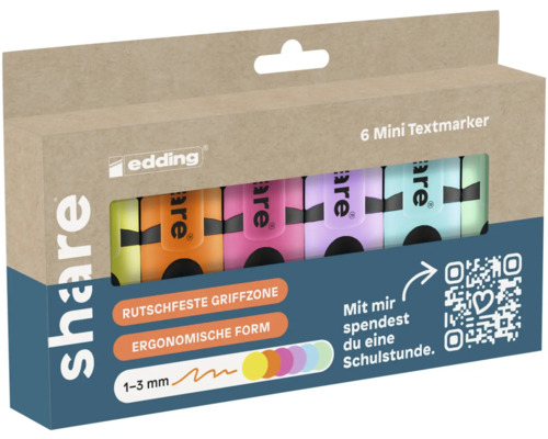 Packung mit sechs Mini Textmarkern der Marke Edding mit rutschfester Griffzone und ergonomischer Form