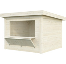 Verkaufsstand aus Holz mit heruntergeklappter Theke