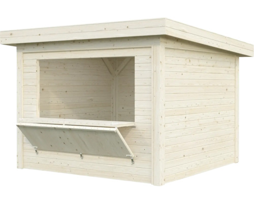 Verkaufsstand aus Holz mit heruntergeklappter Theke
