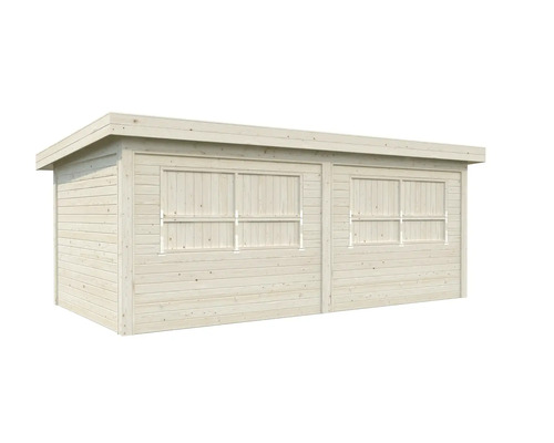 Holzgartenhaus mit Flachdach und Fenstern