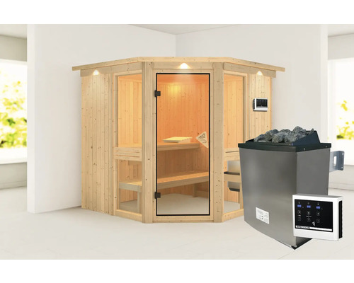 Elementsauna Karibu Omelia inkl.9 kW Ofen u.ext.Steuerung mit Dachkranz und brobzierter Ganzglastür Ecksauna mit Saunaofen und Steuerung
