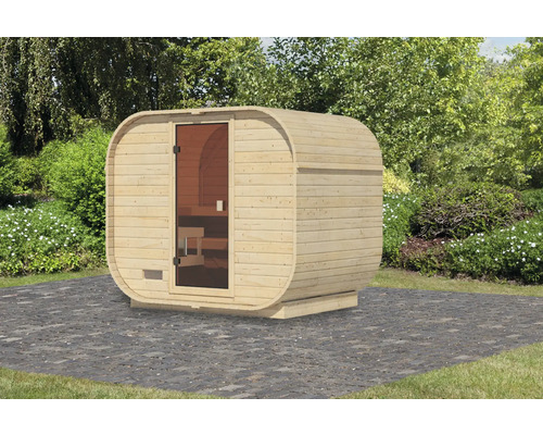 Fasssauna Karibu Quadrado 1 Plus B: 242.5 cm ohne Ofen mit bronzierter Ganzglastüre Holzfasssauna mit Glastür im Garten
