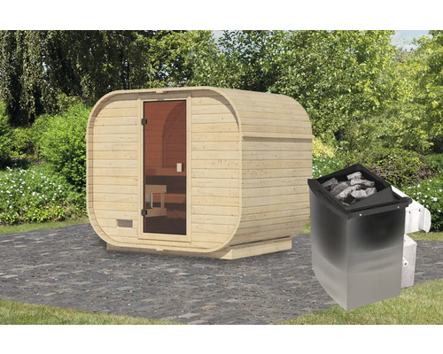 Fasssauna Karibu Quadrado 1 Plus B: 242.5 cm Plus 9 kW Ofen und integrierter Steuerung mit bronzierter Ganzglastüre Holzfasssauna mit Saunaofen im Außenbereich