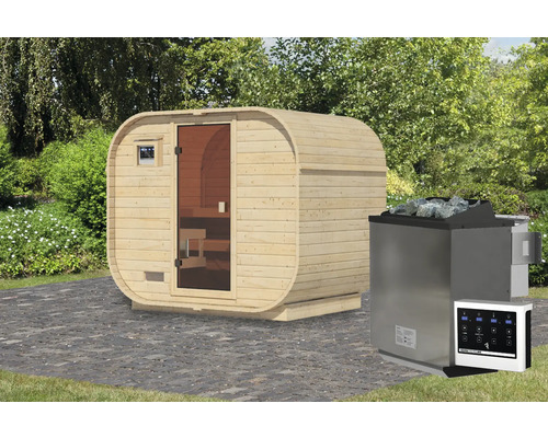 Fasssauna Karibu Quadrado 1 Plus B: 242.5 cm 9 kW Bio Ofen und externer Steuerung mit bronzierter Ganzglastüre Holzfasssauna mit Saunaofen und Steuerung