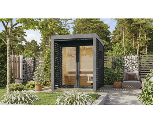 Saunahaus Karibu Sares 1 inkl. 9 kW Ofen und externer Steuerung mit Ganzglastüre aus Klarglas Holz außen anthrazit und Metallrahmen staubgrau Garten mit einer modernen Sauna aus Holz und Glas