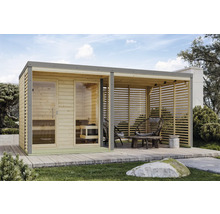 Außenansicht einer Gartensauna mit Ruhebereich und Holzterrasse