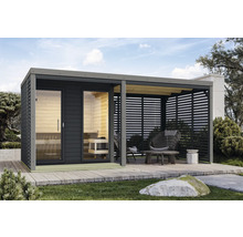 Garten mit Sauna und überdachter Terrasse mit Möbeln