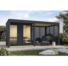 Gartenhaus mit Sauna und überdachter Terrasse auf einer Holzterrasse