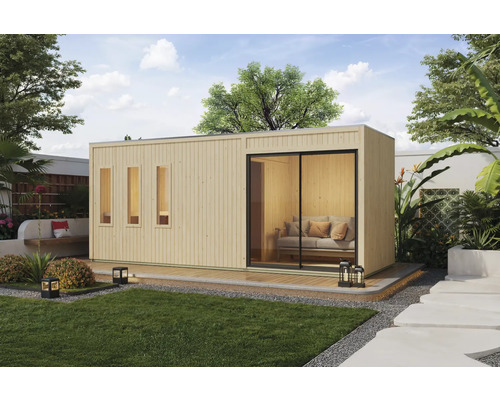 Saunahaus Außensauna Karibu Lonterey inkl.9 kW Ofen und externer Steuerung mit Ganzglastüre aus Klarglas Modernes Gartenhaus mit Schiebetür und Fenstern im Garten