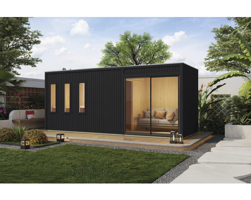 Saunahaus Außensauna Karibu Lonterey inkl.9 kW Ofen und externer Steuerung mit Ganzglastüre aus Klarglas schwarz Modernes Gartenhaus mit Fenster und Schiebetür in einem gepflegten Garten.