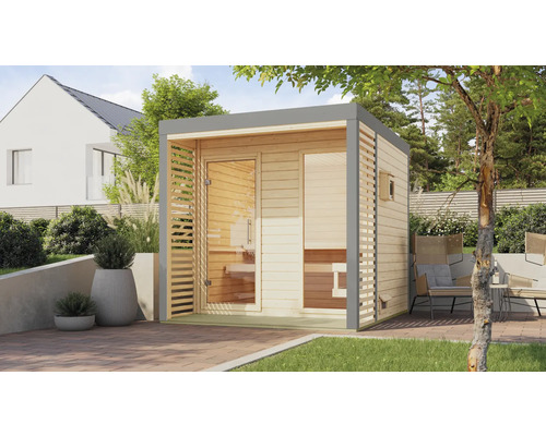 Moderne Gartensauna aus Holz mit Glasfront und seitlichen Holzlamellen