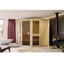 Innensauna aus Holz mit Glastür in einem Badezimmer