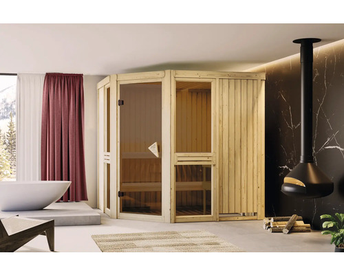 Elementsauna Karibu Omelia inkl.9 kW Bio Ofen u.ext.Steuerung mit brobzierter Ganzglastür Innensauna aus Holz mit Glastür in einem Badezimmer