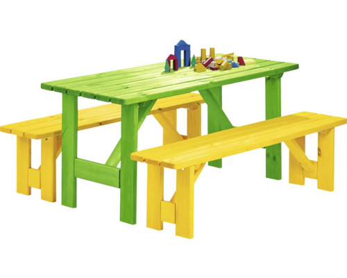 Kindergartenmöbel-Set Robusto Kiefer 6-Sitzer 3-teilig grün-gelb