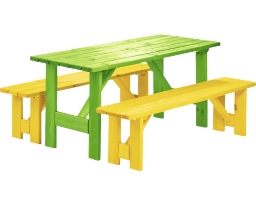 Kindersitzgruppe aus Holz mit Tisch und zwei Bänken