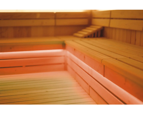 Holzsauna mit Bänken und Treppe