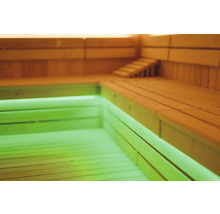Innenansicht einer Sauna mit Holzsitzen und grüner Beleuchtung
