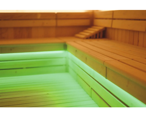 Holzsauna mit Bänken und grüner Beleuchtung