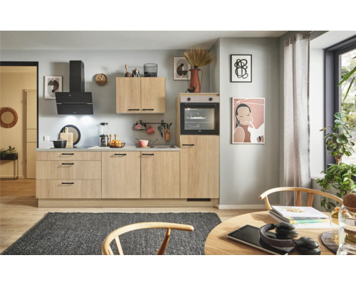 PICCANTE Plus Küchenzeile mit Geräten Casual 250 cm eiche aviva matt vormontiert Variante rechts 4067368012836 Helle Küche mit Küchenschränken, Dunstabzugshaube und Backofen