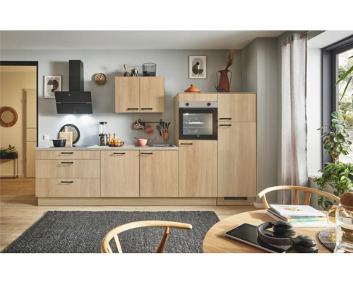 PICCANTE Plus Küchenzeile mit Geräten Casual 310 cm eiche aviva matt vormontiert Variante rechts 4067368016438 Helle Küche mit Küchenschränken, Dunstabzugshaube und Esstisch