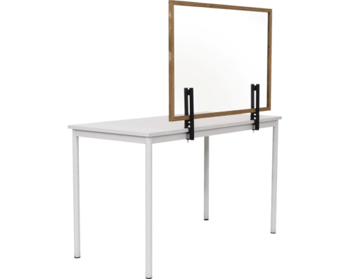 Tisch mit montiertem Spuckschutz aus Glas und Holzrahmen