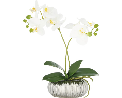 Künstliche Orchidee in silberfarbenem Topf