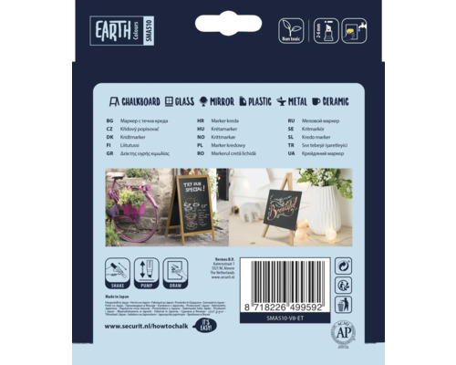 Verpackung eines Kreidemarkers mit Anwendungsbeispielen und Produktdetails