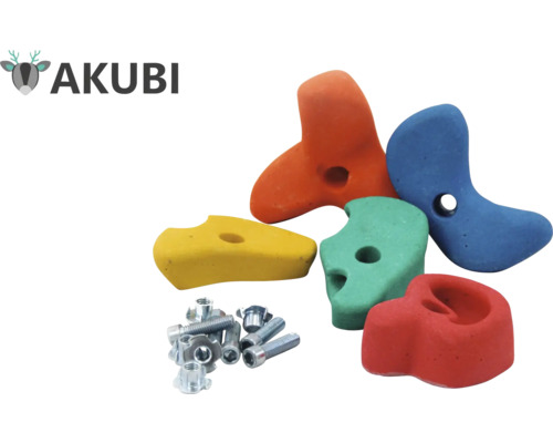 Akubi Logo. Klettergriffe Set mit Befestigungsmaterial.