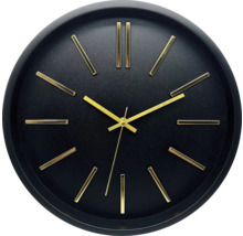 Schwarze Wanduhr mit goldenen Zeigern und Markierungen