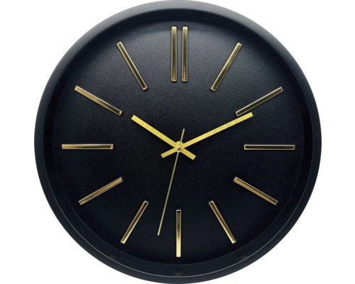 Wanduhr schwarz gold Ø 35 cm Schwarze Wanduhr mit goldenen Zeigern und Markierungen