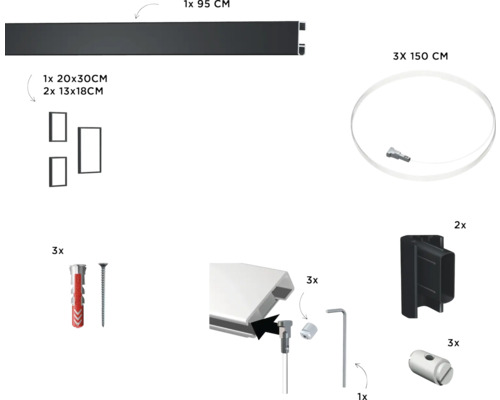 Set mit Bilderrahmenaufhängung, inklusive Schiene 95 cm, Seile 150 cm, Bilderrahmen und Zubehör
