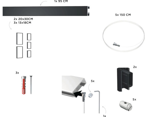 Übersicht über Zubehör für Bilderleisten, inklusive Leisten, Befestigungsmaterial und Bilderrahmen
