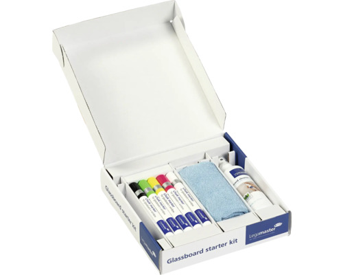Legamaster Glasboard Starter Kit mit Markern, Tuch und Reiniger in geöffneter Verpackung