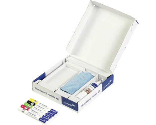 Glasboard Starter Kit mit Glasreiniger, Mikrofasertuch und Kreidemarkern