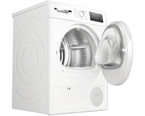 Weißer Bosch Wärmepumpentrockner mit geöffneter Tür