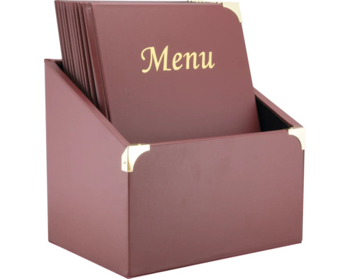 Menükartenhalter aus Kunststoff mit goldenen Ecken und der Aufschrift Menu