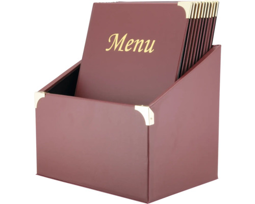 Menükartenhalter aus Kunststoff mit goldenen Ecken und Menükarten