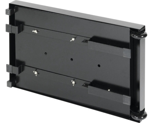 Schwarzes Stahlregal mit Befestigungselementen zur Wandmontage.