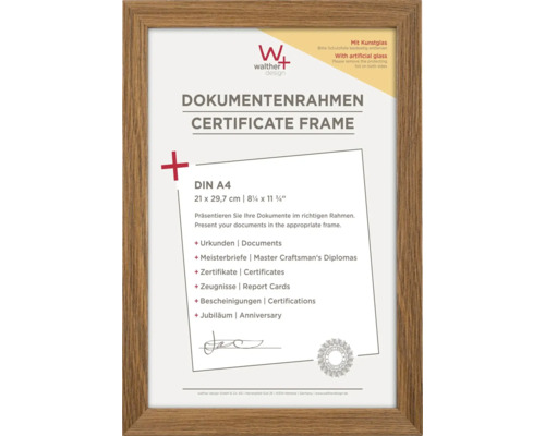 Dokumentenrahmen Holz Fiorito Kunstglas eiche dunkel 21x29,7 cm (DIN A4) Dokumentenrahmen für Urkunden im Format DIN A4