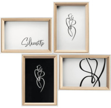 Vier Bilderrahmen mit abstrakten Motiven und dem Schriftzug Silhouette