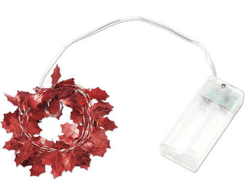 LED Lichterkette Lafiora Blatt rot 1,5 m 15 LEDs Lichtfarbe warmweiß batteriebetrieben inkl. 6 Stunden Timer Lichterkette mit Stechpalmenblättern und Batteriepack