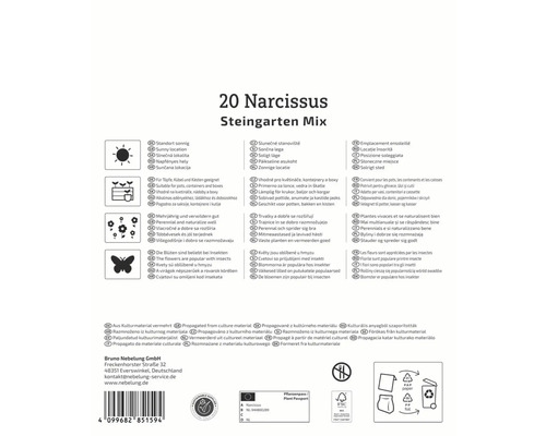Verpackung für 20 Narzissen Steingarten Mix mit Informationen zu Standort, Verwendung, Eigenschaften und Herkunft