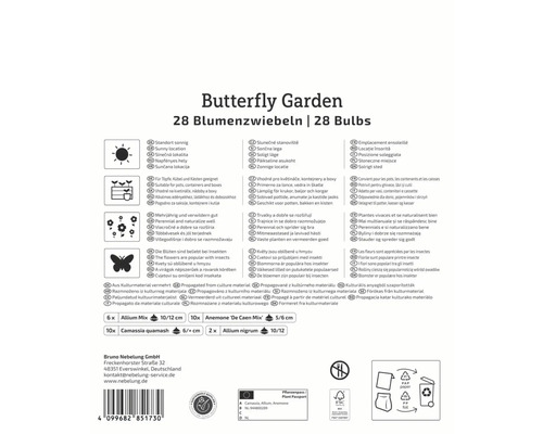 Verpackung von Blumenzwiebeln für einen Schmetterlingsgarten mit Informationen zu Standort, Pflege und Insektenfreundlichkeit