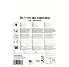 Verpackung Anemone coronaria De Caen Mix mit Informationen zu Standort, Bewässerung, Verwendung und Herkunft