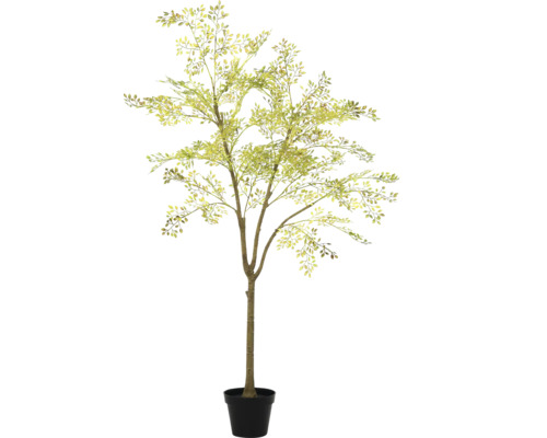 Künstlicher Baum mit grünen Blättern in schwarzem Topf